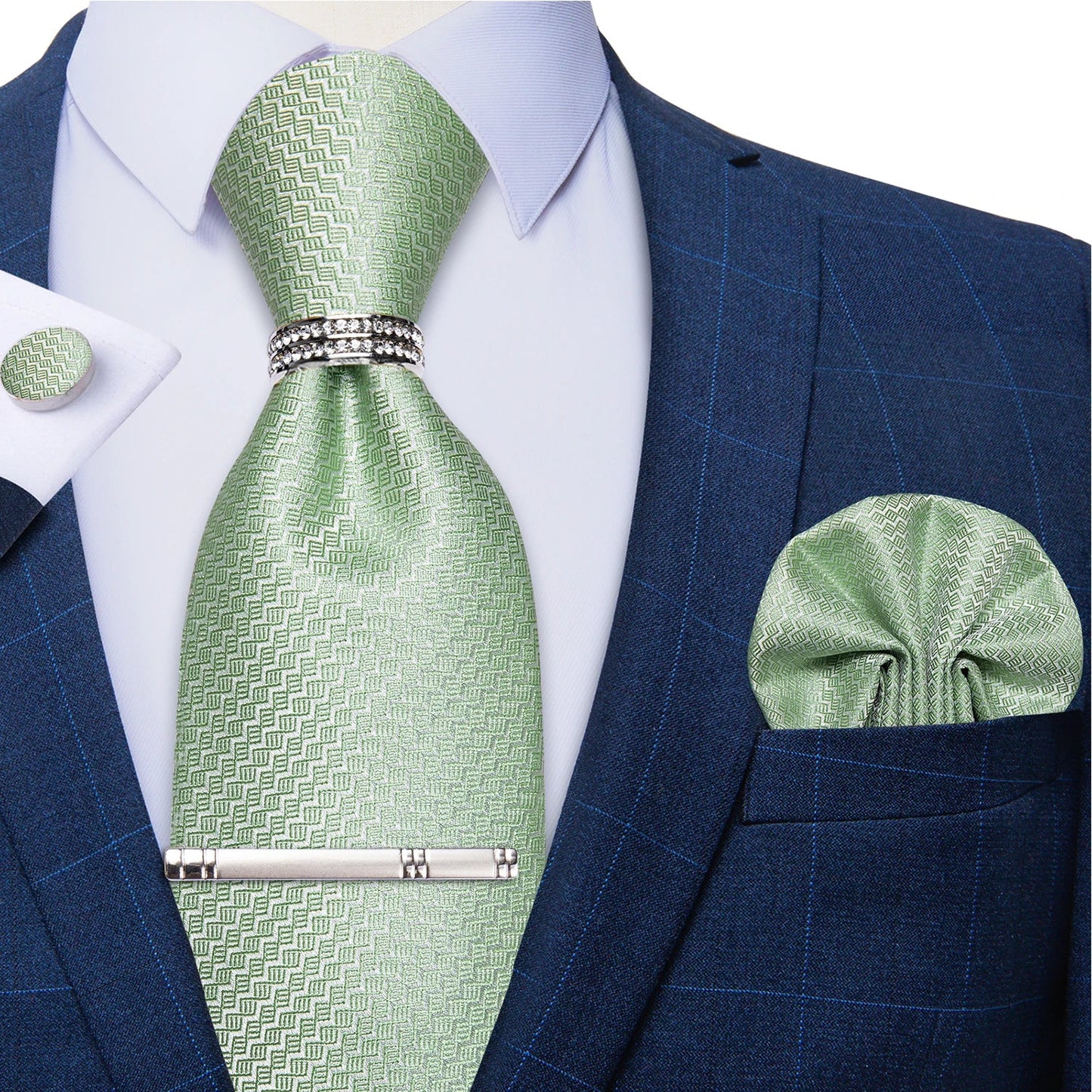 Blue Royal Dot Pliad Mens Tie set with Silver Clip and Ring Business Wedding Party Accessories 8cm Necktie Handkerchief Cufflink Velora