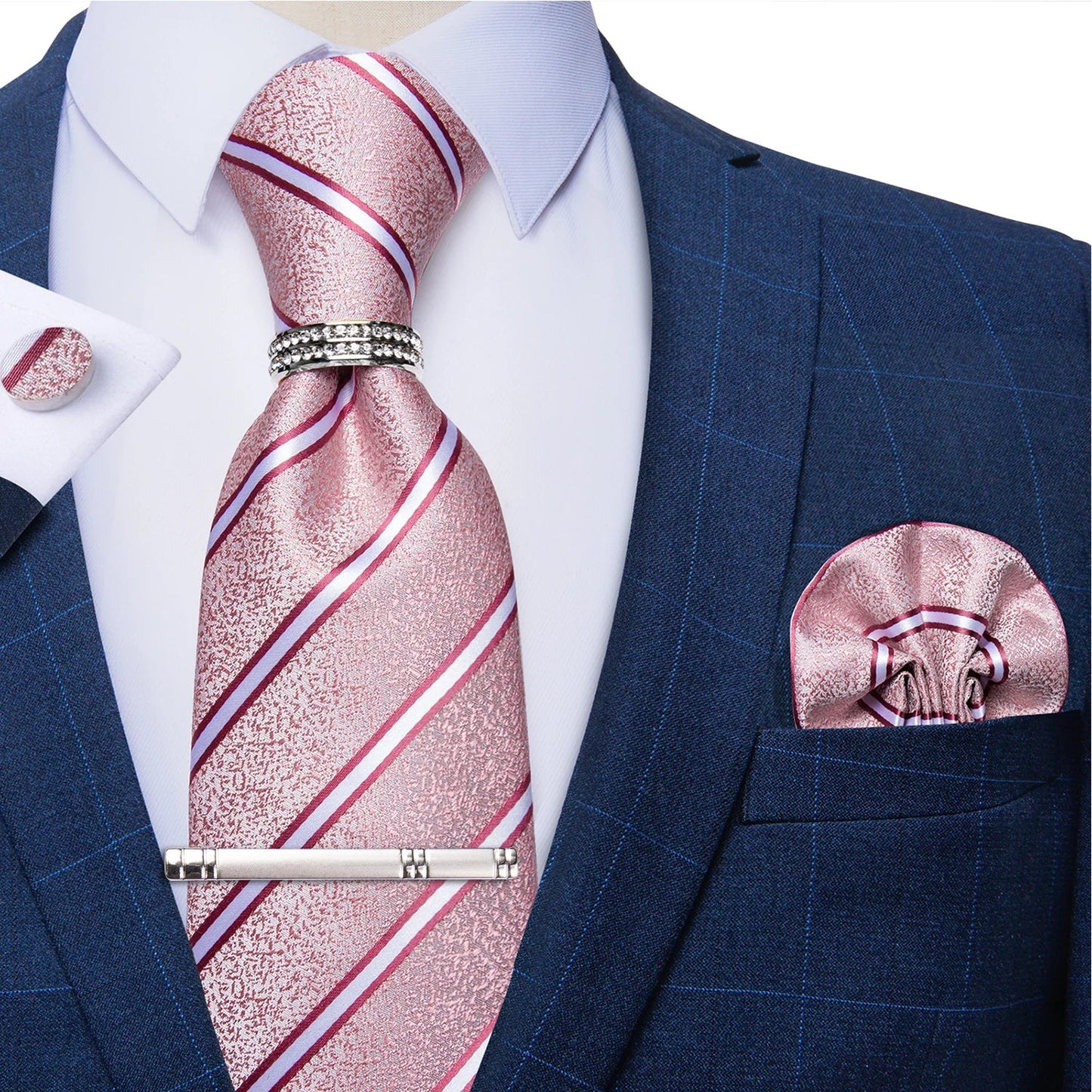 Blue Royal Dot Pliad Mens Tie set with Silver Clip and Ring Business Wedding Party Accessories 8cm Necktie Handkerchief Cufflink Velora