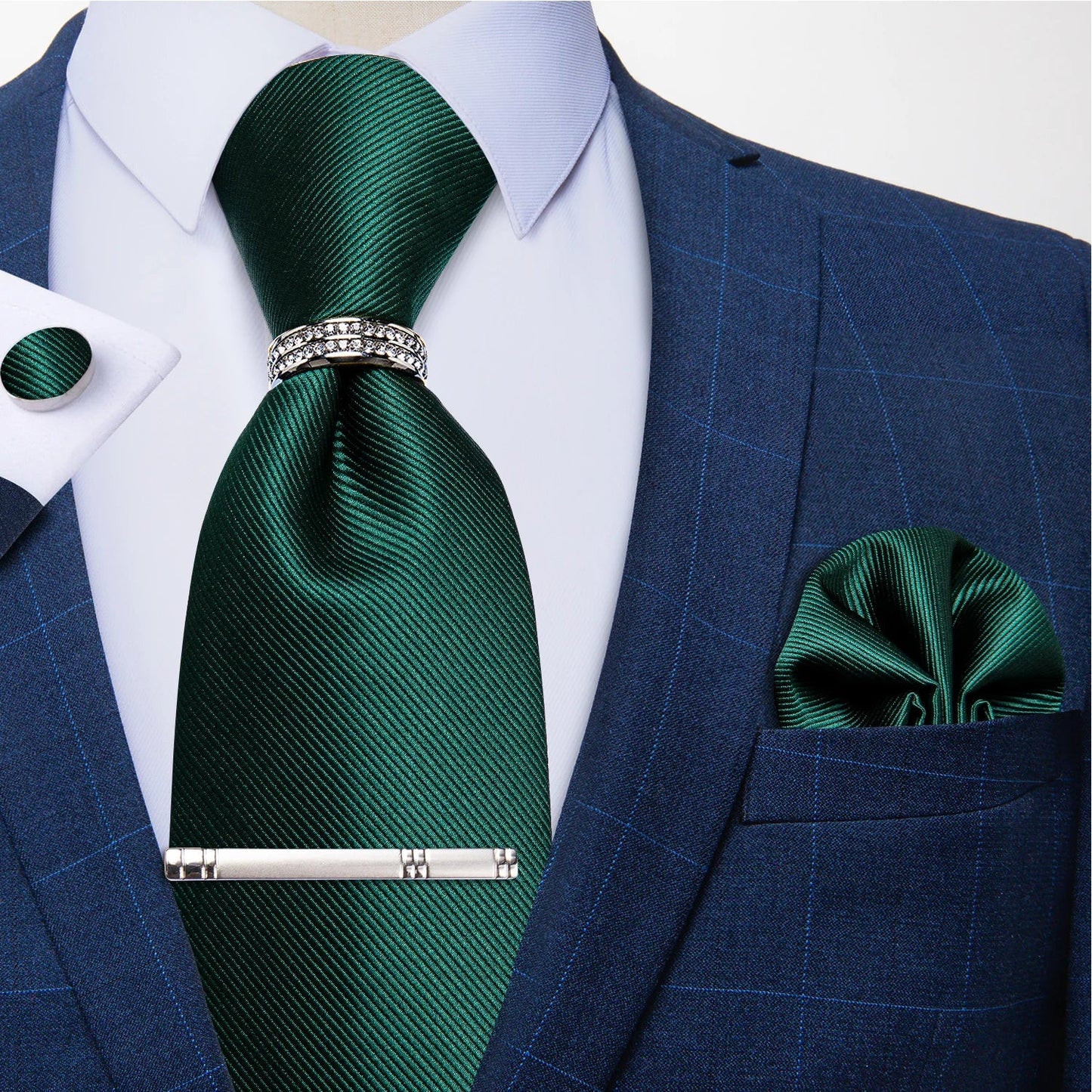 Blue Royal Dot Pliad Mens Tie set with Silver Clip and Ring Business Wedding Party Accessories 8cm Necktie Handkerchief Cufflink Velora