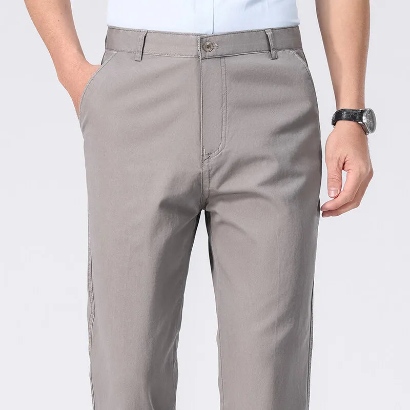Spring Summer Cotton Suit Pants Men Solid Color Smart Casual Dress Trousers Man Lightweight Zipper Fly Straight Breathable Pants - Velora