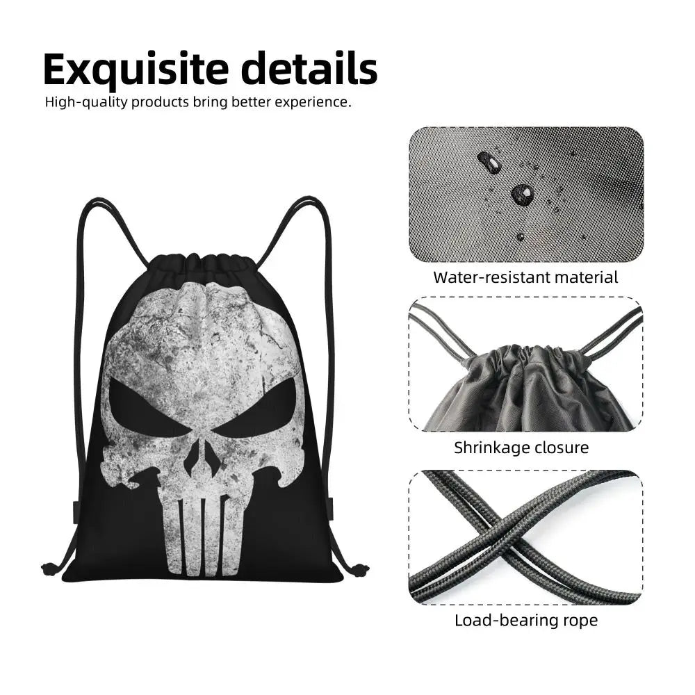 Custom Punisher Skeleton Drawstring Backpack Women Men Sport Gym Sackpack Portable Skull Bone Shopping Bag Sack - Velora