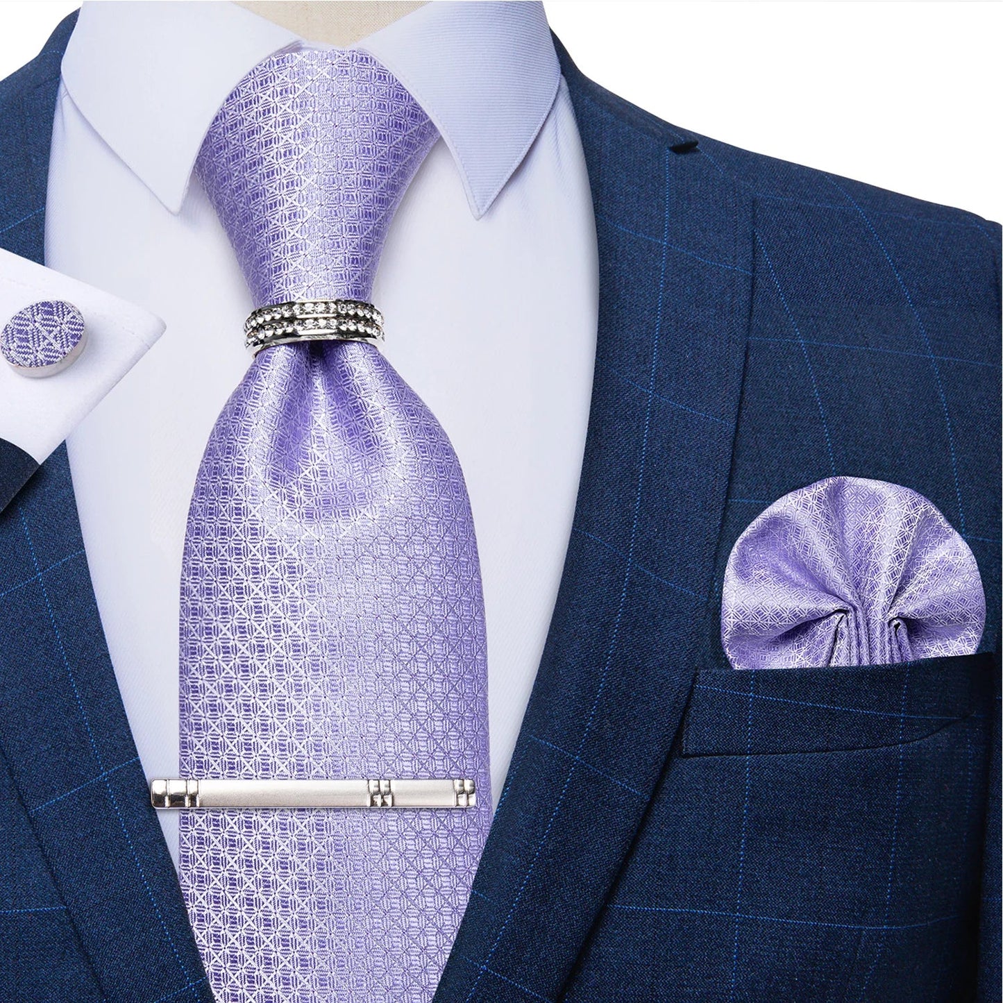 Blue Royal Dot Pliad Mens Tie set with Silver Clip and Ring Business Wedding Party Accessories 8cm Necktie Handkerchief Cufflink Velora