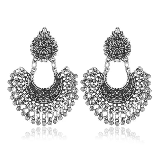Indian Jhumka Earrings Jewelry Ethnic Retro Antique Silver Color Alloy Carved Beads Tassel Earrings For Women Daily Accessories - Velora