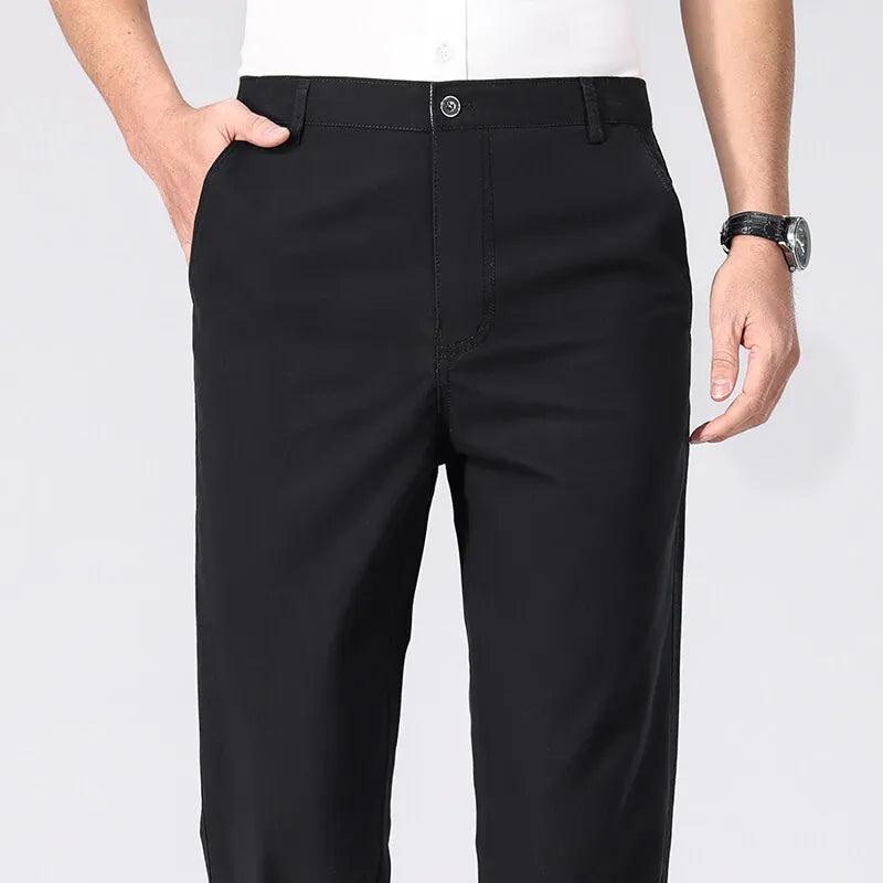 Spring Summer Cotton Suit Pants Men Solid Color Smart Casual Dress Trousers Man Lightweight Zipper Fly Straight Breathable Pants - Velora
