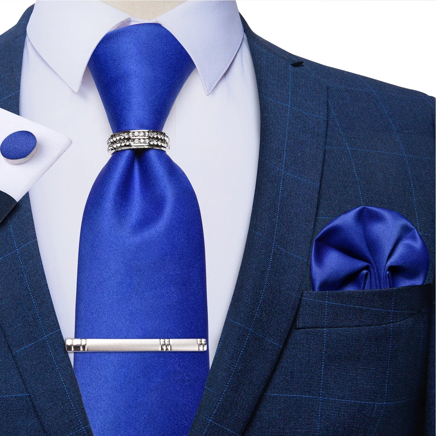 Blue Royal Dot Pliad Mens Tie set with Silver Clip and Ring Business Wedding Party Accessories 8cm Necktie Handkerchief Cufflink Velora