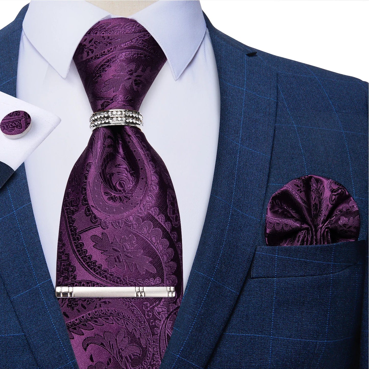 Blue Royal Dot Pliad Mens Tie set with Silver Clip and Ring Business Wedding Party Accessories 8cm Necktie Handkerchief Cufflink Velora