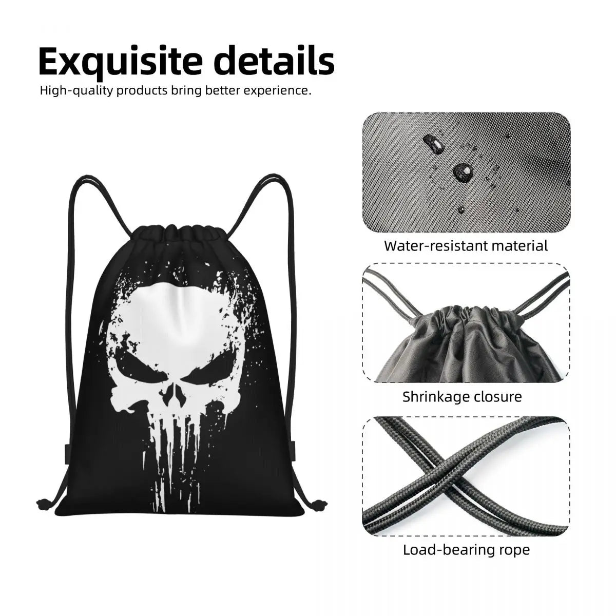 Custom Punisher Skeleton Drawstring Backpack Women Men Sport Gym Sackpack Portable Skull Bone Shopping Bag Sack - Velora