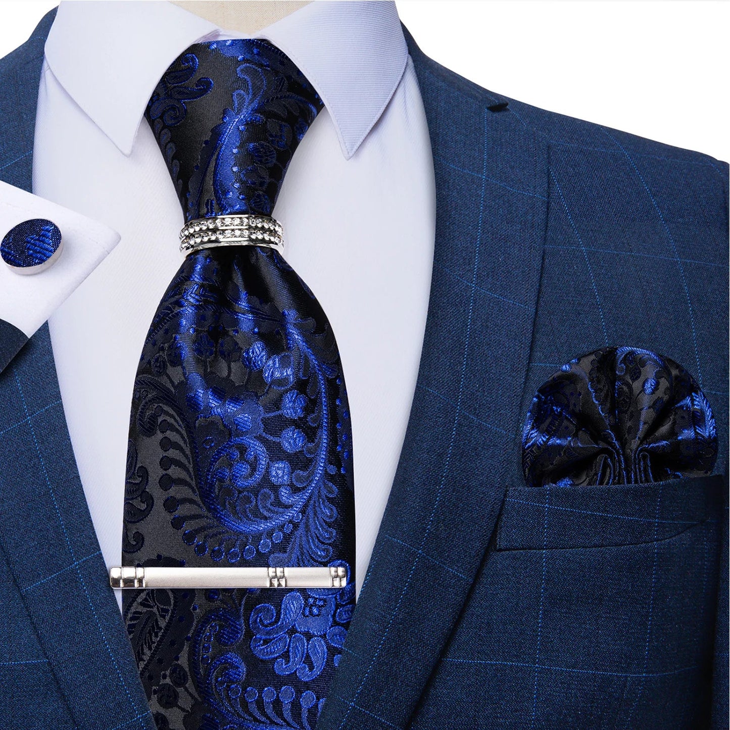 Blue Royal Dot Pliad Mens Tie set with Silver Clip and Ring Business Wedding Party Accessories 8cm Necktie Handkerchief Cufflink Velora