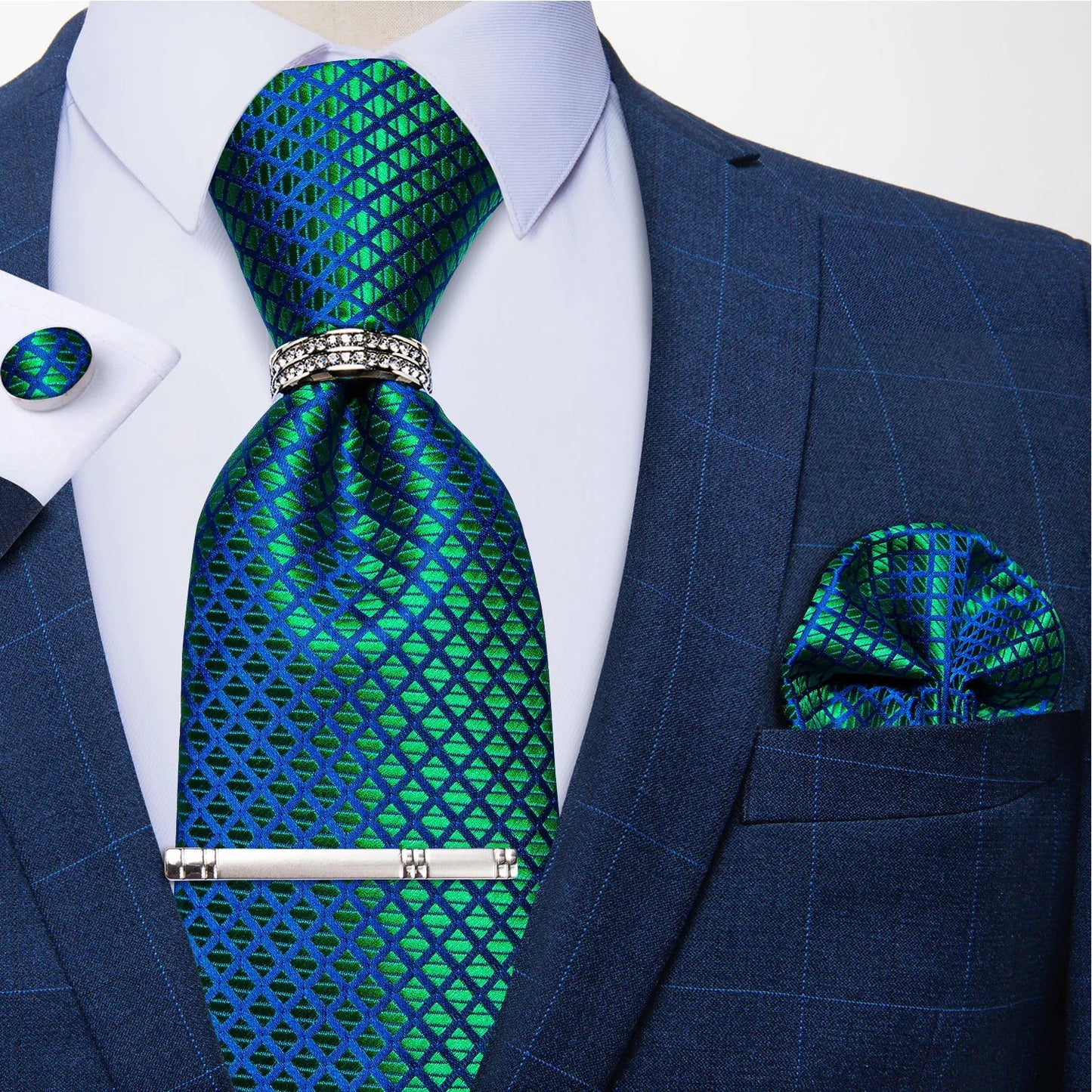 Blue Royal Dot Pliad Mens Tie set with Silver Clip and Ring Business Wedding Party Accessories 8cm Necktie Handkerchief Cufflink Velora