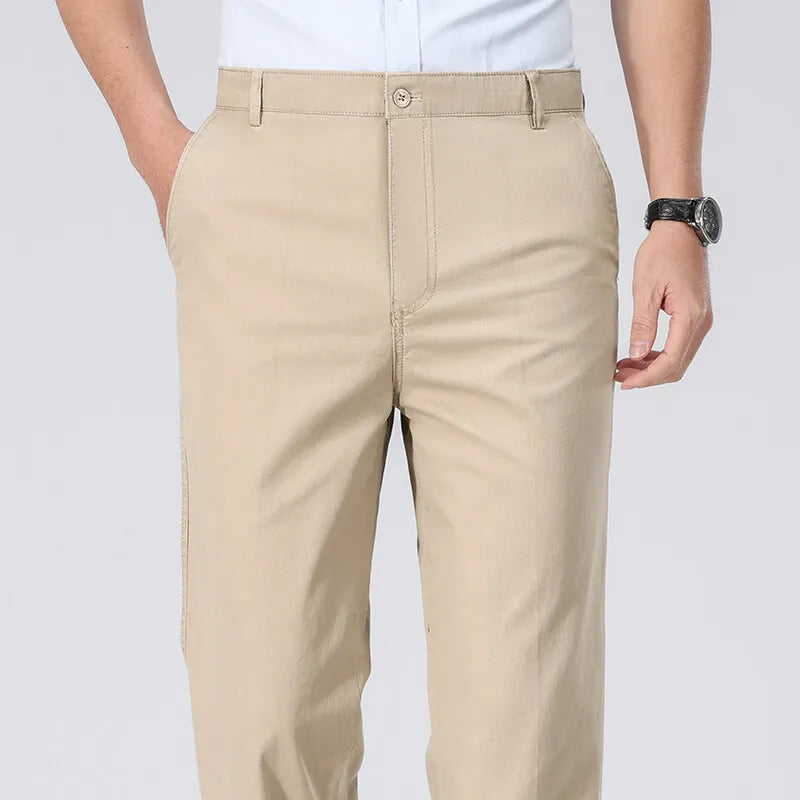 Spring Summer Cotton Suit Pants Men Solid Color Smart Casual Dress Trousers Man Lightweight Zipper Fly Straight Breathable Pants - Velora