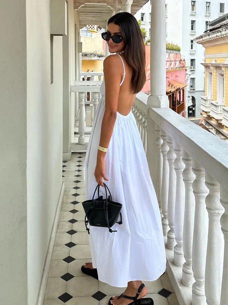 Women's Maxi Dress White Cotton Backless Spaghetti Strap - Velora