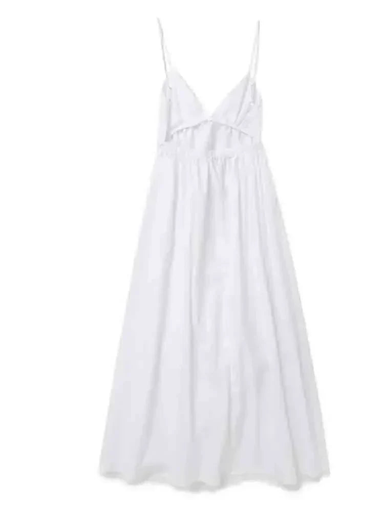 Women's Maxi Dress White Cotton Backless Spaghetti Strap - Velora