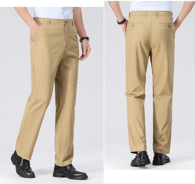Spring Summer Cotton Suit Pants Men Solid Color Smart Casual Dress Trousers Man Lightweight Zipper Fly Straight Breathable Pants - Velora