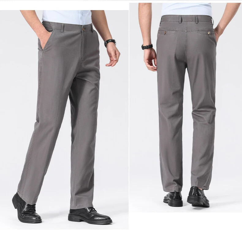 Spring Summer Cotton Suit Pants Men Solid Color Smart Casual Dress Trousers Man Lightweight Zipper Fly Straight Breathable Pants - Velora