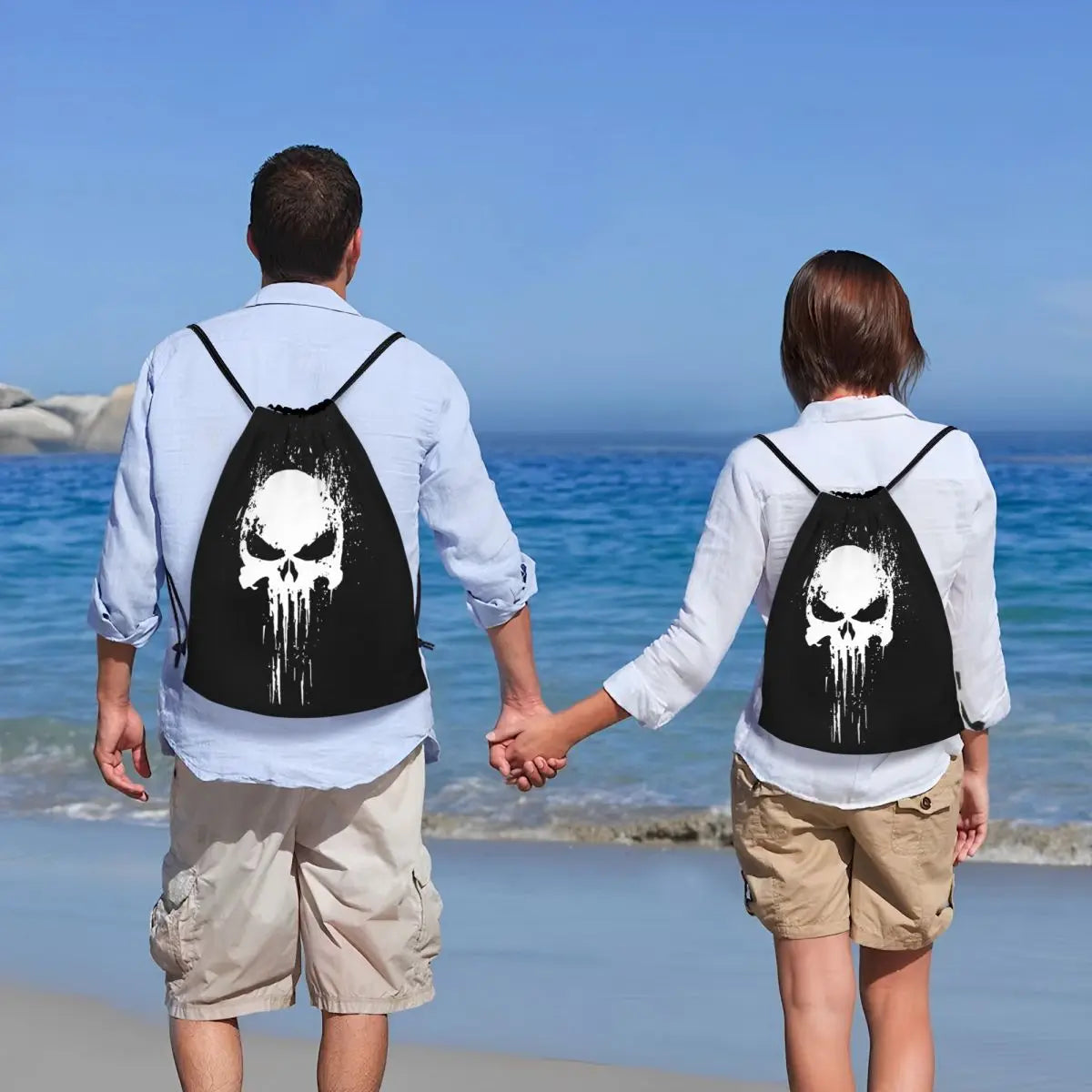 Custom Punisher Skeleton Drawstring Backpack Women Men Sport Gym Sackpack Portable Skull Bone Shopping Bag Sack - Velora