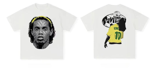 Ronaldinho Football Superstar Portrait Printed Cotton T-shirt Street Trendy Tide Brand Men Women Casual Short Sleeve Tshirt - Velora