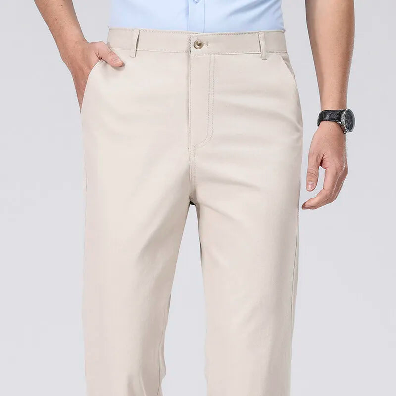 Spring Summer Cotton Suit Pants Men Solid Color Smart Casual Dress Trousers Man Lightweight Zipper Fly Straight Breathable Pants - Velora