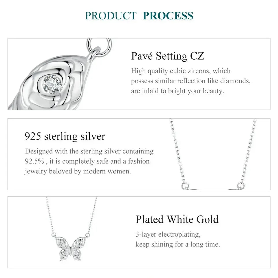 Romantic Elegance: Zircon White Gold Plated Rose Butterfly Sterling Silver Necklace Itz Luxury