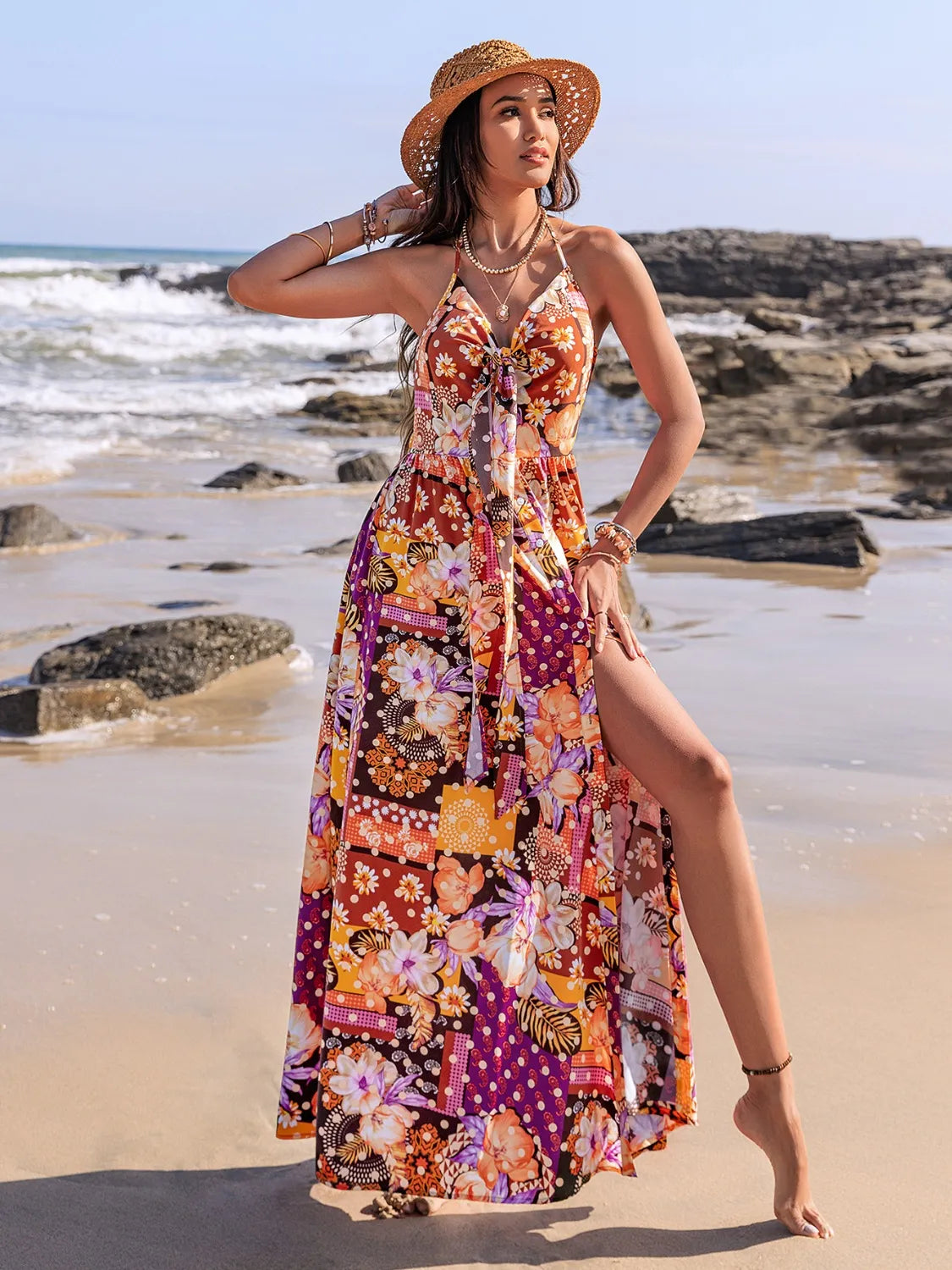 Slit Printed Halter Neck Cami Dress - Velora