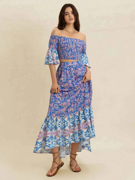 Smocked Off-Shoulder Printed Top and Skirt Set
