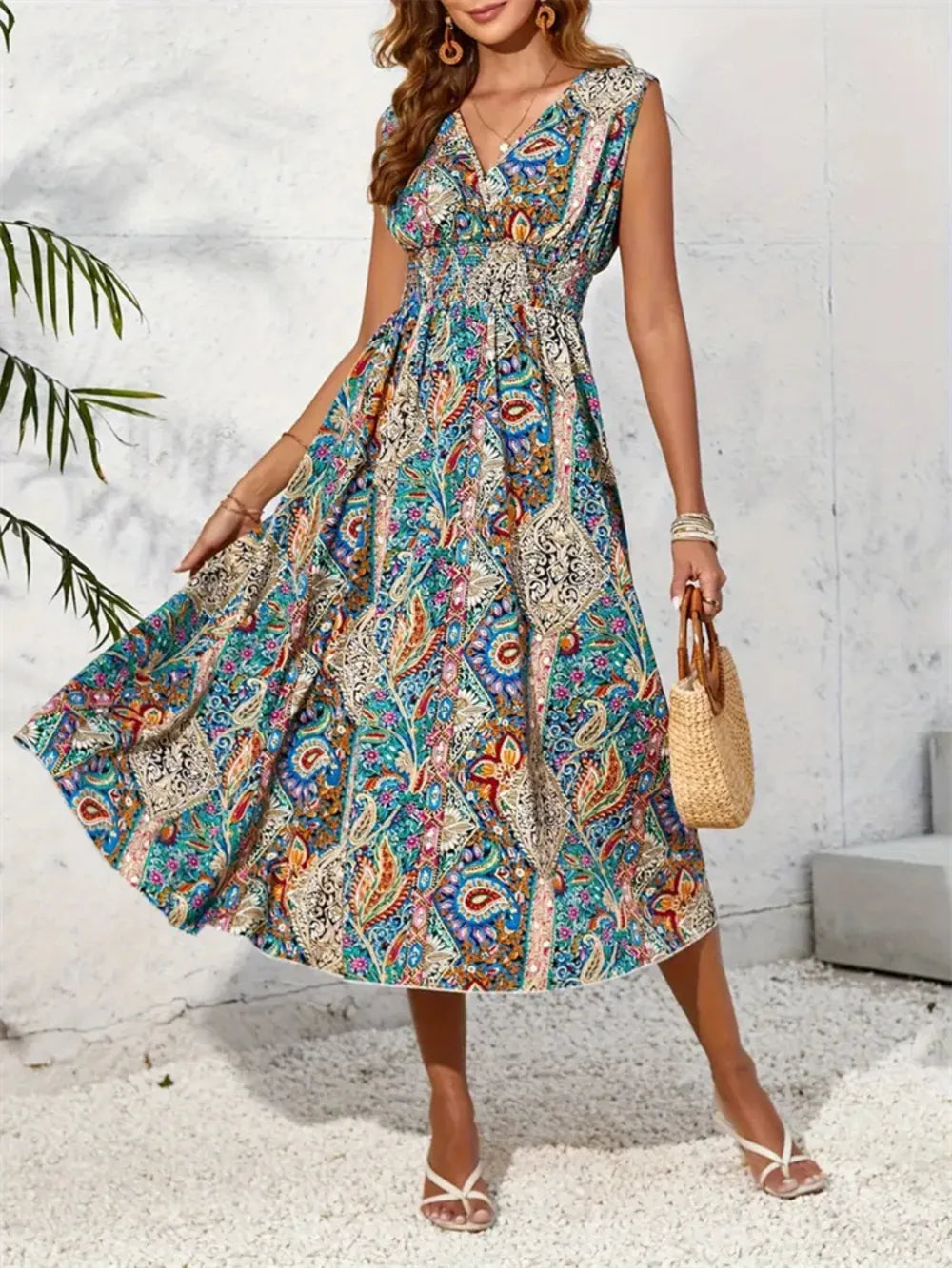 Smocked Printed Surplice Sleeveless Midi Dress - Velora Luxury Fashion