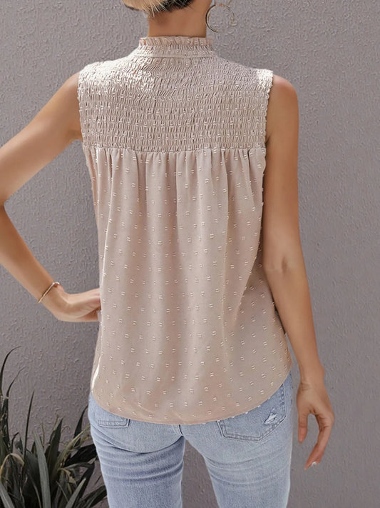 Smocked Swiss Dot Sleeveless Blouse - Velora Luxury Fashion