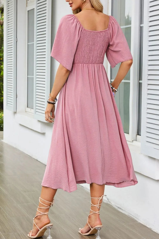 Smocked Tie Front Flutter Sleeve Midi Dress - Velora Luxury Fashion