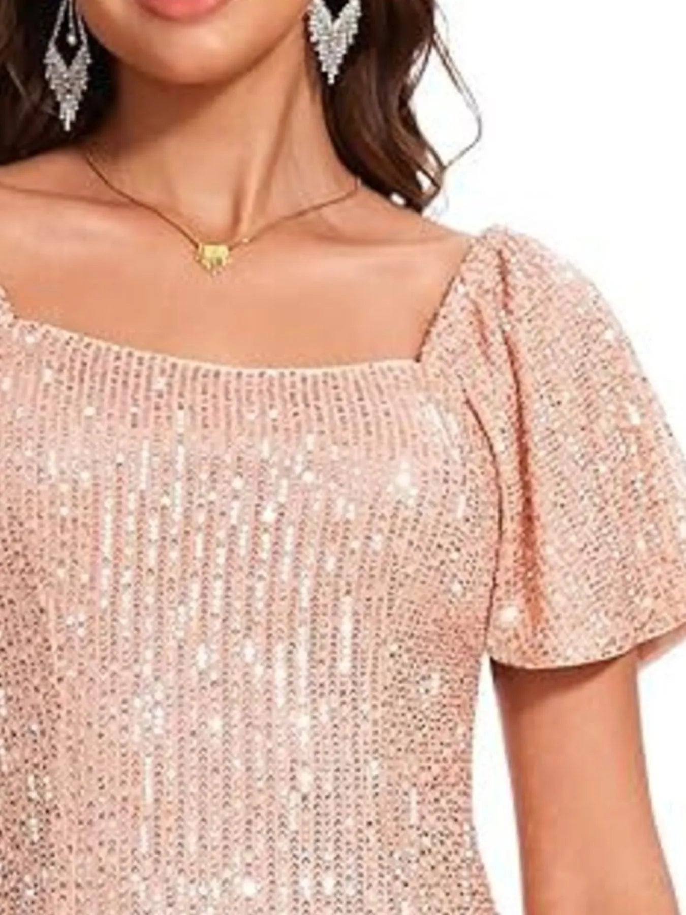 Square Neck Sequin Short Sleeve Blouse - Velora Luxury Fashion