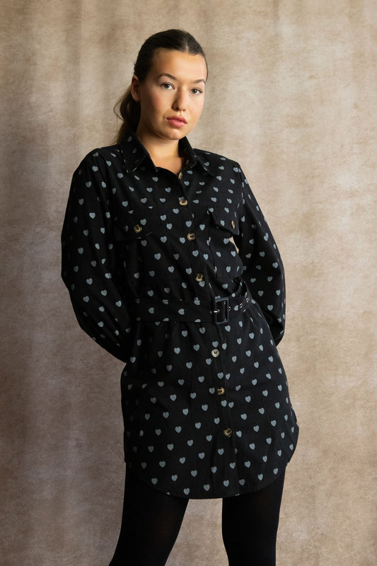 Stephanie Heart Print Tunic Shirt Long Sleeve Button Down Belted - Velora Luxury Fashion