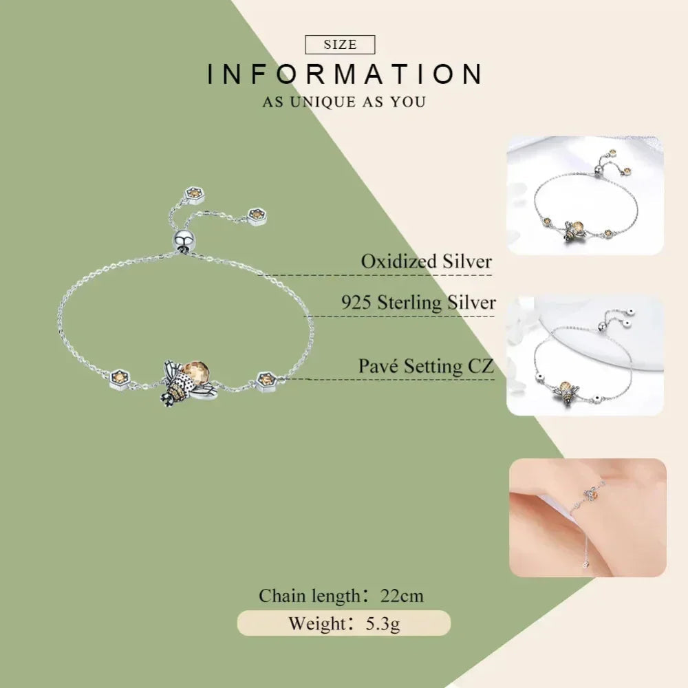 Sterling Silver Dancing Bee Charm Bracelet with CZ - Velora Luxury Fashion