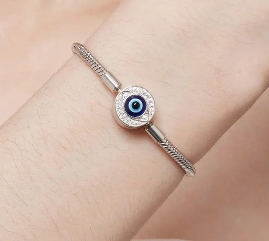 Sterling Silver Evil Eye Charm Bracelet with CZ – Snake Chain - Velora Luxury Fashion