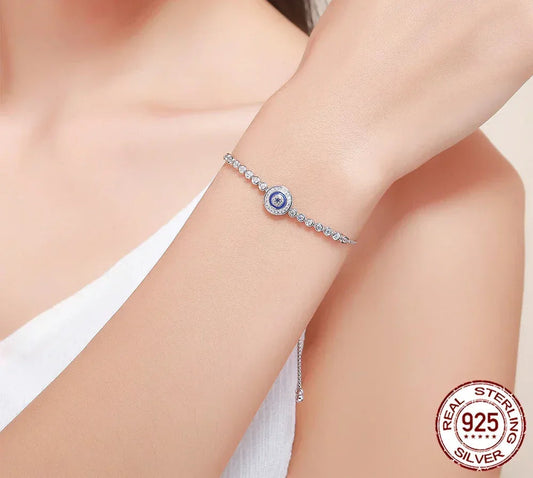 Sterling Silver Evil Eye Tennis Bracelet with CZ – Adjustable - Velora Luxury Fashion
