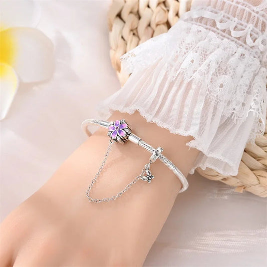 Sterling Silver Floral Charm Bracelet with Safety Chain - Velora Luxury Fashion