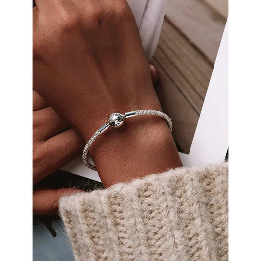 Sterling Silver Mesh Charm Bracelet – “Forever Love” Bead - Velora Luxury Fashion