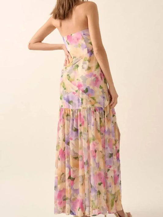 Strapless Floral Maxi Dress with Side Slit - Velora Luxury Fashion