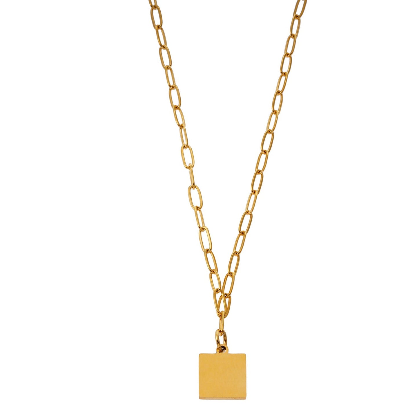 Style ANNABELLA: Minimalist Metal & Shell Square Pendant on a Paper-Clip Chain Necklace. - Velora Luxury Fashion