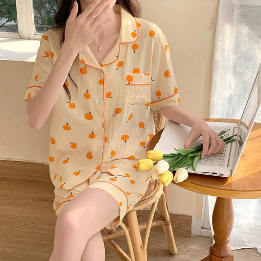Summer Japanese Bubble Cotton Cute Orange Pajamas For Women EX-STOCK Canada
