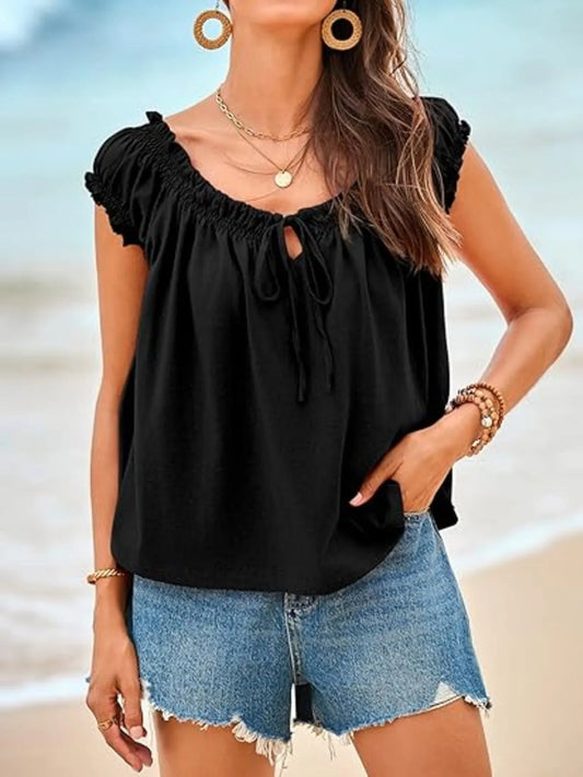 Tie-Front Detail Smocked Blouse - Velora Luxury Fashion