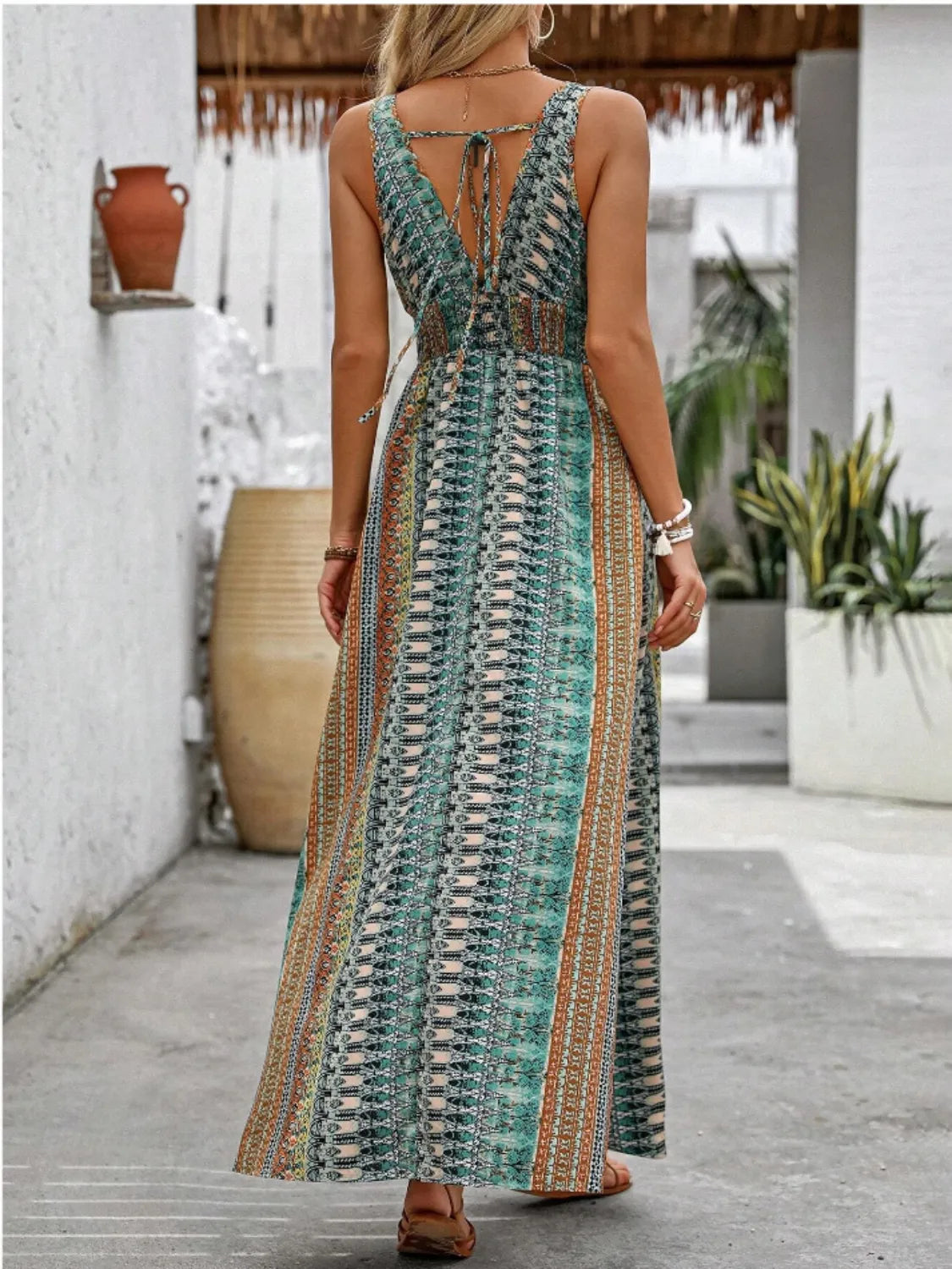Tied Back Printed Sleeveless Maxi Slit Dress - Velora