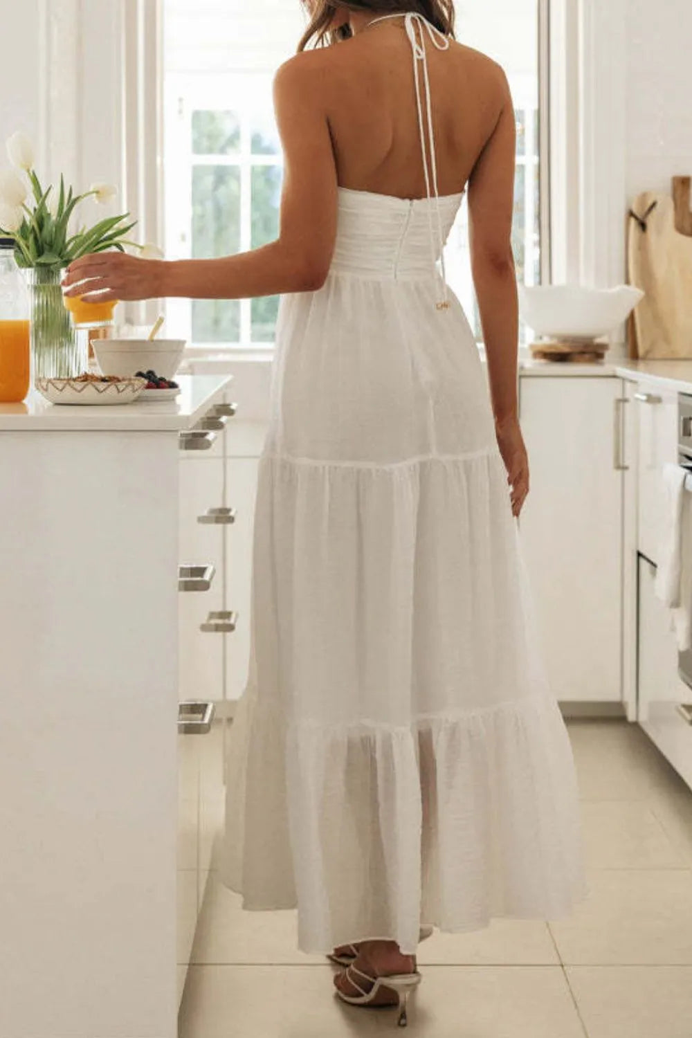 Tiered Halter Neck Printed Cami Dress - Velora