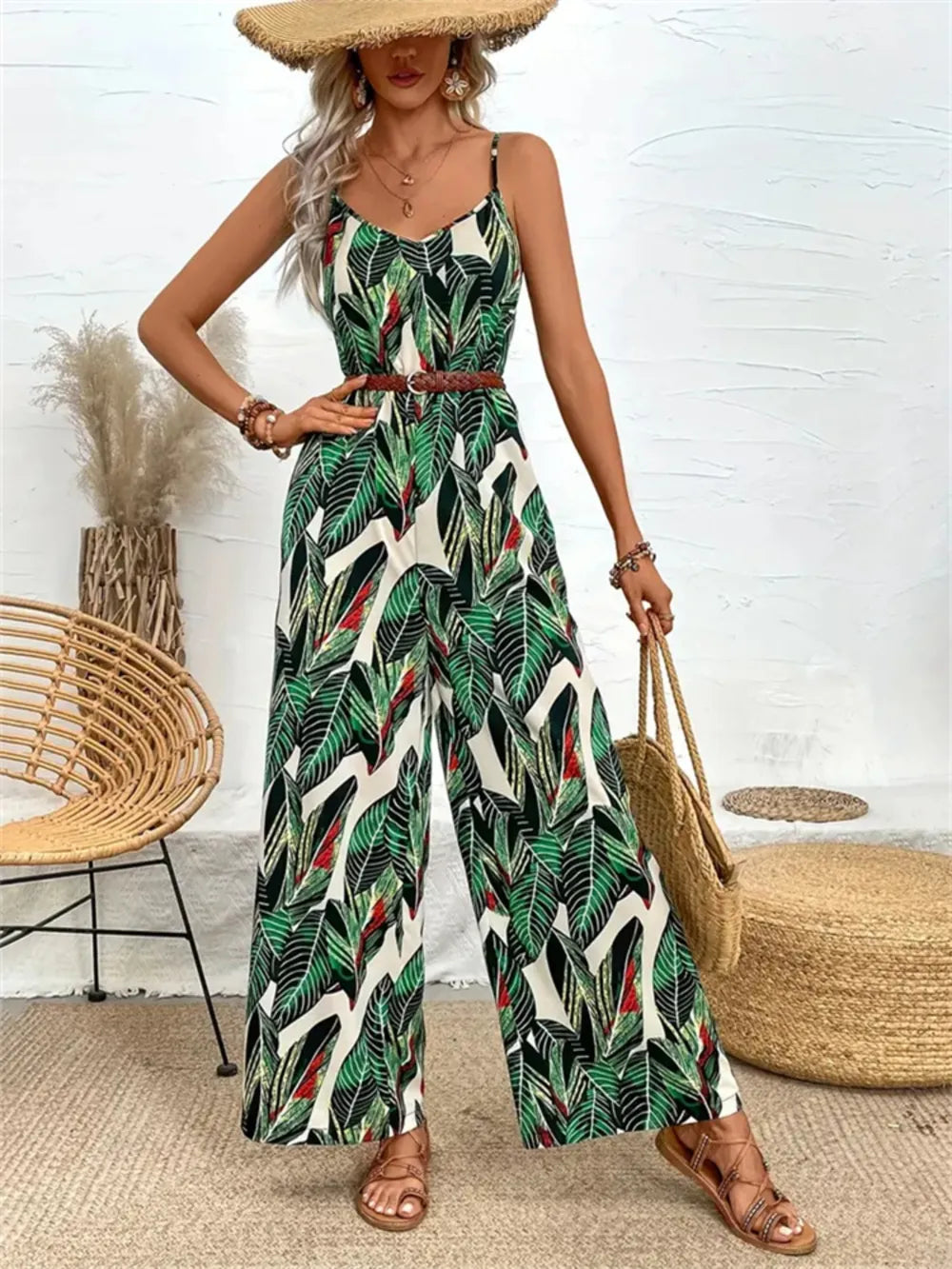 Tropical Print Spaghetti Strap Wide Leg Jumpsuit - Velora