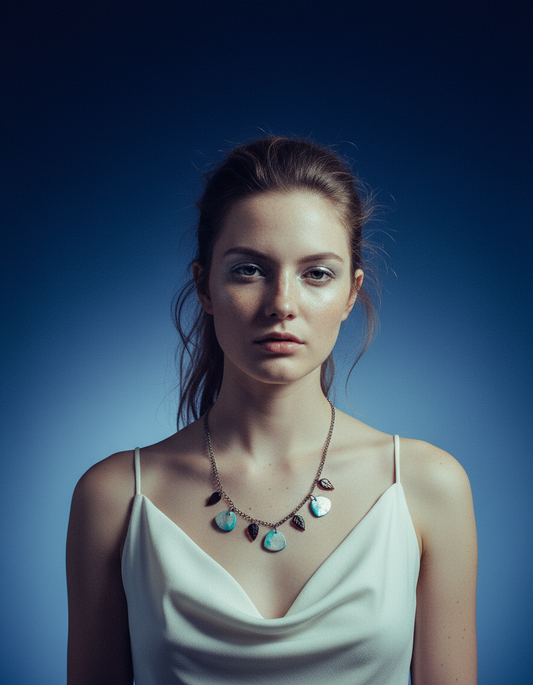 Minimalist Beaded Necklace Icy Blue & Silver with Brown Glass Leaves - Velora Luxury Fashion