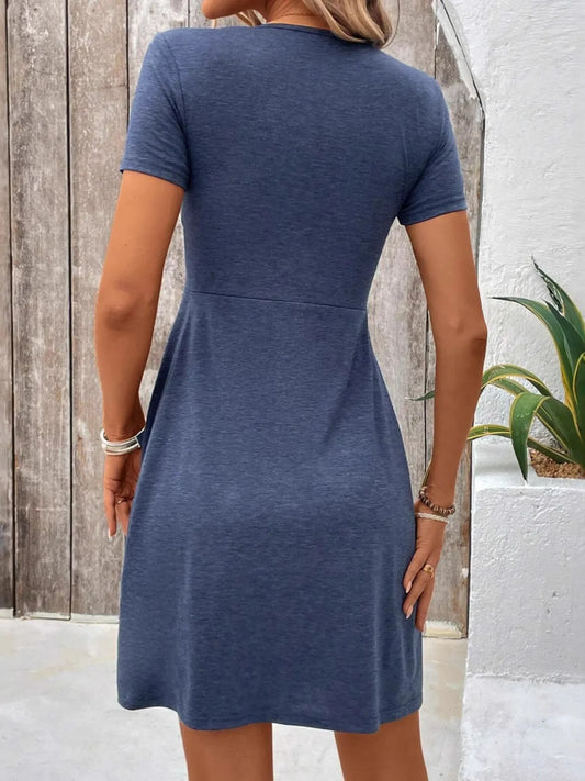 Twist Front V-Neck Short Sleeve Casual Dress - Velora Luxury Fashion