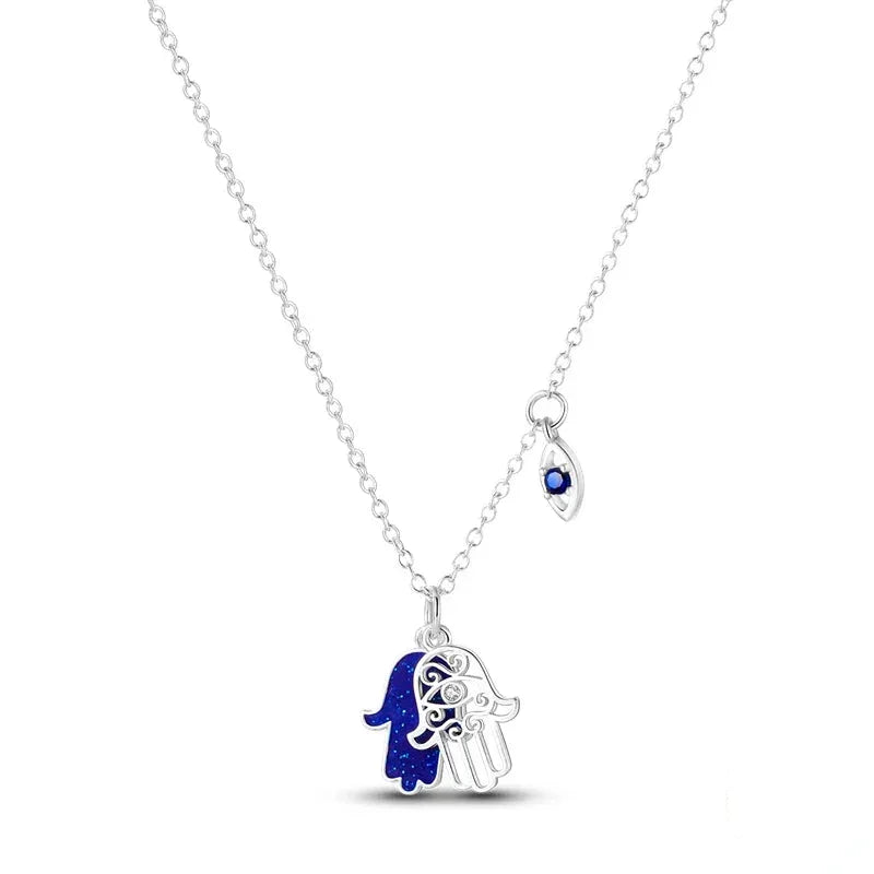 Two-Charm Sterling Silver Necklace: Hand-Shaped Pendant & Evil Eye - Velora Luxury Fashion