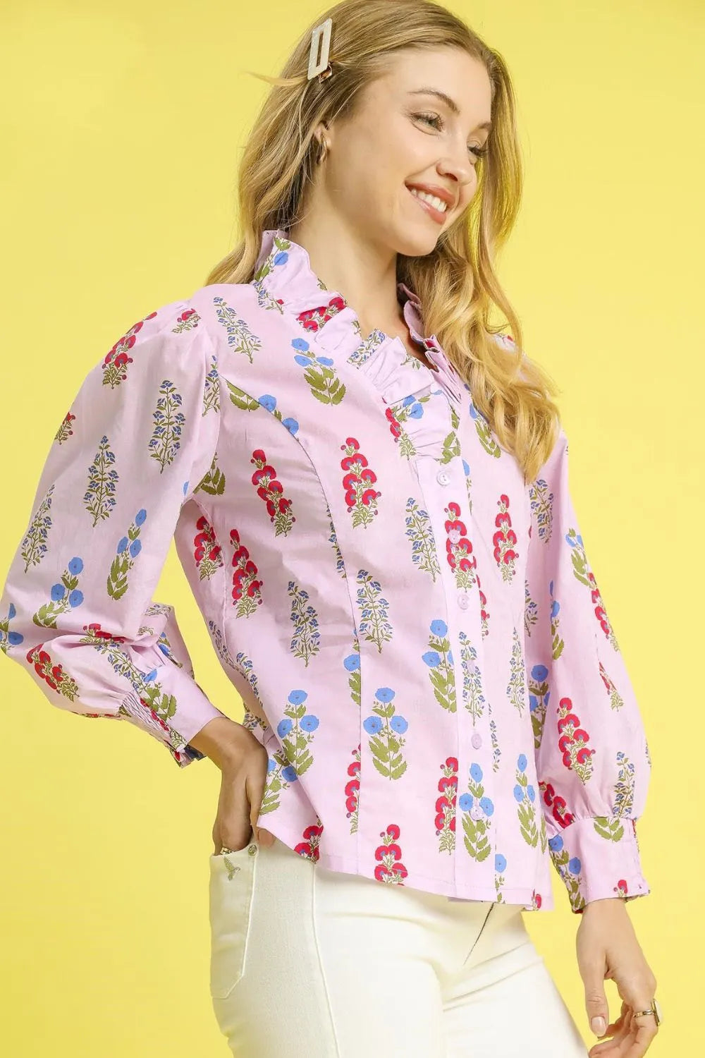 Umgee Floral Print Lantern Sleeve Button Down Shirt - Velora Luxury Fashion