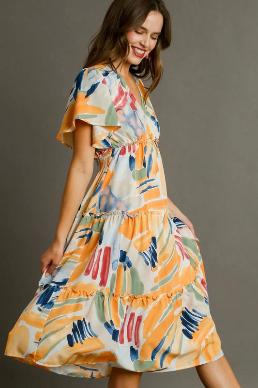 Umgee Full Size Abstract Print Flutter Sleeve Frill Tiered Midi Dress Plus Size - Velora Luxury Fashion
