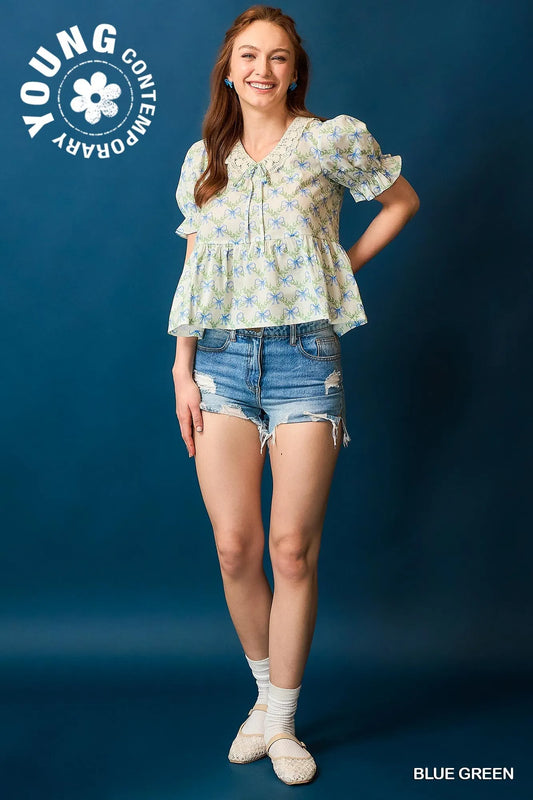 Umgee Lace Detail Bow Print Flounce Sleeve Blouse - Velora Luxury Fashion