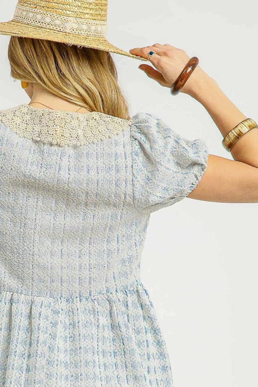 Umgee Lace Detail Short Puff Sleeve Mini Dress - Velora Luxury Fashion