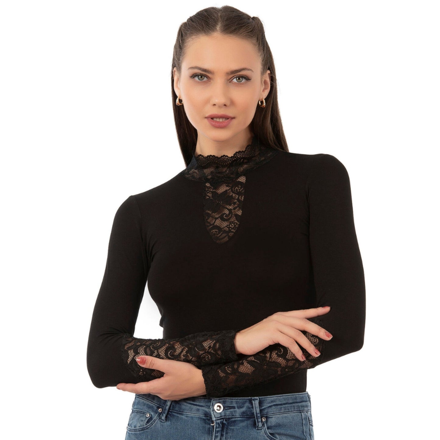 Women's Long Sleeve Lace Bodysuit – Elegant High Neck Design | Black - Velora