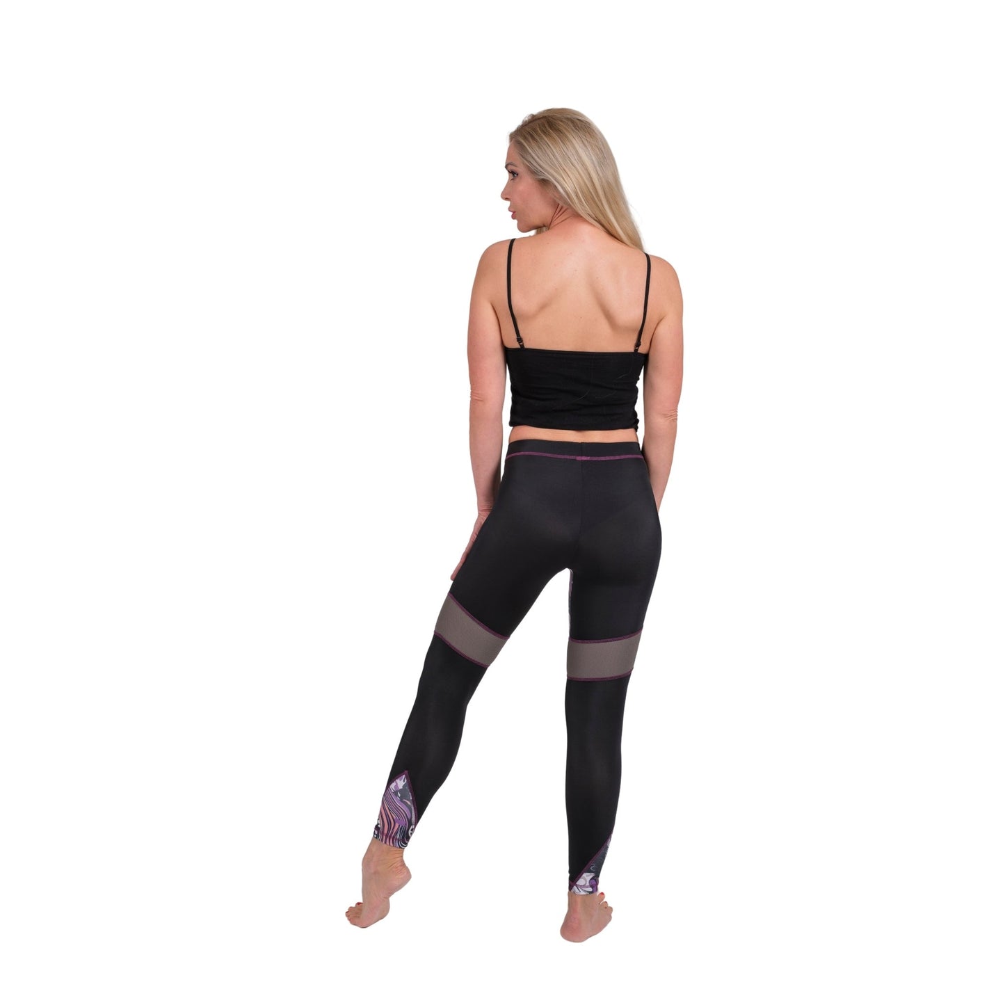 BoldMesh Sculpt Yoga Leggings – Black & Violet Pattern (Breathable Fit) - Velora